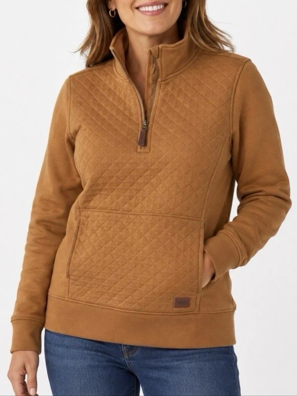L.L.Bean Quilted Quarter Zip Pullover Womens Petite XL Sweatshirt Caramel Brown